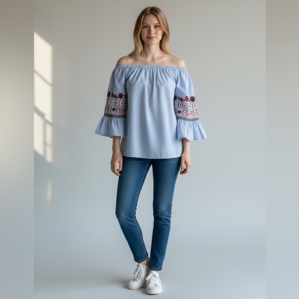 Avani Sel Amour Blue‎ Gingham Embroidered Bell Sleeve Top M Boho Peasant Blouse